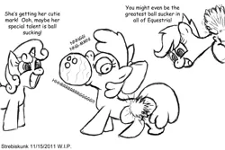 Size: 1080x720 | Tagged: apple bloom, artist:strebiskunk, ball sucking, comic, comic sans, cutie mark, cutie mark crusaders, derpibooru import, scootaloo, suggestive, sweetie belle