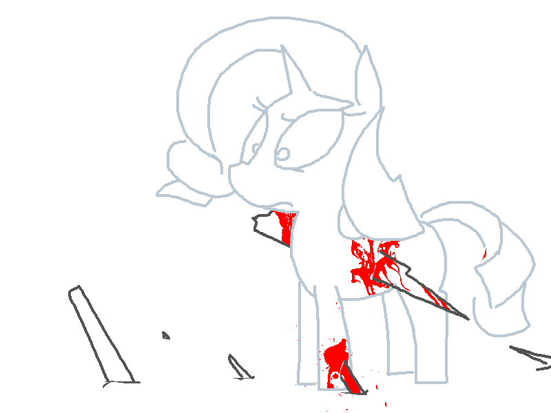 Size: 800x600 | Tagged: accident, artist:the weaver, blood, comic:factory accident, derpibooru import, gore, impalement, injured, partial color, rarity, semi-grimdark, simple background, solo, white background