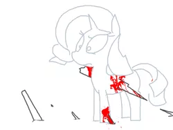Size: 800x600 | Tagged: accident, artist:the weaver, blood, comic:factory accident, derpibooru import, gore, impalement, injured, partial color, rarity, semi-grimdark, simple background, solo, white background