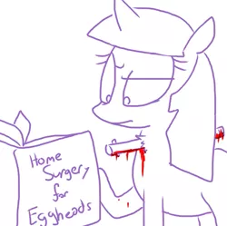 Size: 591x589 | Tagged: semi-grimdark, artist:the weaver, derpibooru import, twilight sparkle, pony, unicorn, comic:factory accident, accident, annoyed, blood, book, dark comedy, female, immortality is awesome, injured, lineart, mare, partial color, raised eyebrow, raised hoof, reading, simple background, solo, unamused, unicorn twilight, white background