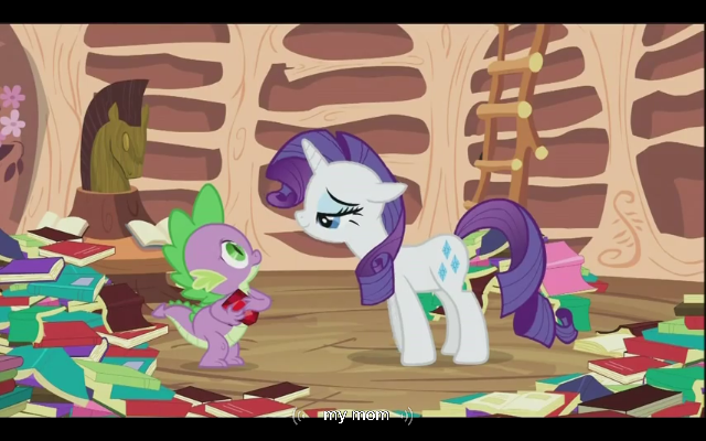 Size: 640x400 | Tagged: derpibooru import, my mom, rarity, safe, screencap, secret of my excess, spike, youtube caption