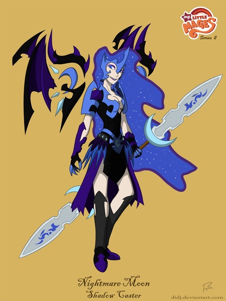 Size: 1053x1404 | Tagged: artist:didj, derpibooru import, floating wings, humanized, my little mages, nightmare moon, safe