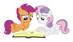 Size: 5000x2879 | Tagged: safe, artist:delectablecoffee, derpibooru import, scootaloo, sweetie belle, pegasus, pony, unicorn, book, duo, duo female, female, reading, simple background, transparent background, vector