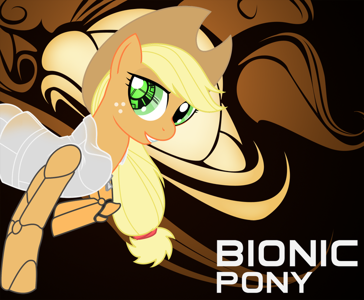 46648 Applejack Artist Rhanite Bionic Woman Clothes Cyborg Derpibooru Import Jacket Parody Safe Smiling Solo Twibooru