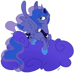 Size: 1157x1140 | Tagged: artist:egophiliac, cloud, derpibooru import, looking back, princess luna, prone, safe, solo