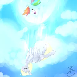 Size: 2000x2000 | Tagged: safe, artist:casocat, derpibooru import, derpy hooves, rainbow dash, pegasus, pony, cloud, cloudy, duo, eyes closed, falling, female, flying, high res, mare