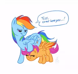 Size: 600x572 | Tagged: safe, artist:carnifex, derpibooru import, rainbow dash, scootaloo, pegasus, pony, :t, cute, cutealoo, eyes closed, female, filly, mare, noogie, scootalove, simple background, smiling, smirk, speech bubble, spread wings, white background, wings