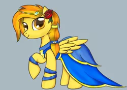 Size: 1480x1050 | Tagged: safe, artist:sierraex, derpibooru import, spitfire, pegasus, pony, clothes, dress, female, flower, flower in hair, gown, gray background, loose hair, mare, prom dress, raised hoof, simple background, solo