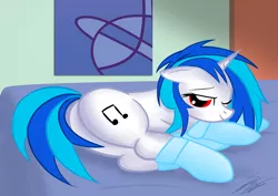 Size: 1480x1050 | Tagged: artist:sierraex, bed, bedroom eyes, clothes, derpibooru import, female, plot, sleepy, socks, solo, solo female, suggestive, vinyl scratch, wink