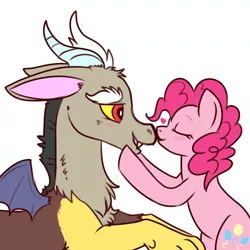 Size: 544x544 | Tagged: safe, artist:lulubell, derpibooru import, discord, pinkie pie, blushing, discopie, eyes closed, female, heart, interspecies, kissing, male, shipping, simple background, straight, white background