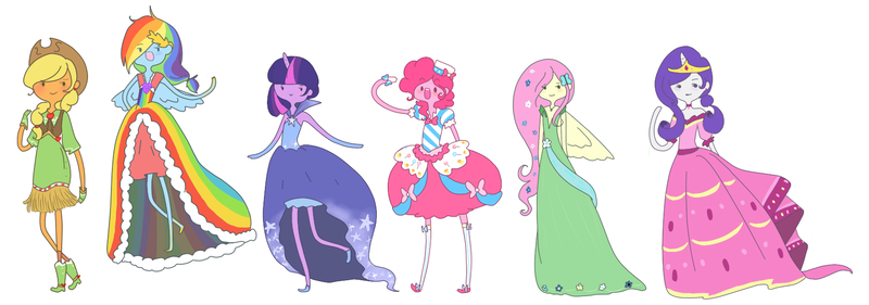 Size: 1679x590 | Tagged: adventure time, applejack, artist:giraffewizardry, blushing, clothes, crossover, derpibooru import, dress, fluttershy, gala dress, hat, horned humanization, humanized, mane six, open mouth, pinkie pie, rainbow dash, rarity, safe, skinny, smiling, spread wings, twilight sparkle, winged humanization