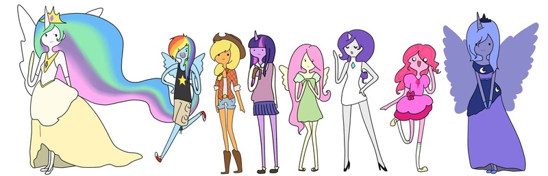 Size: 1399x452 | Tagged: adventure time, applejack, artist:giraffewizardry, crossover, derpibooru import, fluttershy, horned humanization, human, humanized, parody, pinkie pie, princess celestia, princess luna, rainbow dash, rarity, safe, skinny, twilight sparkle, winged humanization