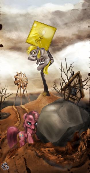 Size: 1760x3372 | Tagged: safe, artist:miradge, derpibooru import, derpy hooves, pinkie pie, pegasus, pony, duo, female, mare, pinkamena diane pie, rock, rock farm