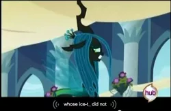 Size: 636x415 | Tagged: safe, derpibooru import, screencap, queen chrysalis, changeling, changeling queen, a canterlot wedding, female, frown, hub logo, image, jpeg, looking back, needs more jpeg, smiling, solo, standing, subtitles, youtube caption