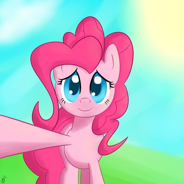 Size: 1000x1000 | Tagged: safe, artist:paradigmpizza, deleted from derpibooru, derpibooru import, pinkie pie, earth pony, pony, female, image, jpeg, looking at you, mare, raised hoof, signature, smiling, solo, sun