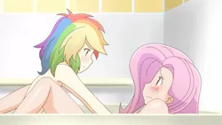 Size: 1276x718 | Tagged: artist needed, suggestive, derpibooru import, edit, fluttershy, rainbow dash, anime, anime color edit, bath, blushing, female, flutterdash, humanized, lesbian, looking at each other, shipping, training with hinako