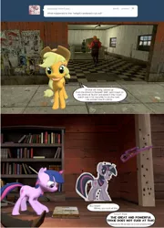 Size: 1297x1800 | Tagged: applejack, artist:geronkizan, ask applejack and red engineer, blu, cardboard cutout, cardboard twilight, derpibooru import, engineer, gmod, red, safe, sniper, team fortress 2, trixie, tumblr, tumblr comic, twilight sparkle