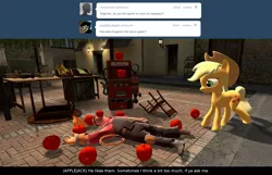 Size: 1400x900 | Tagged: apple, applejack, apple.mov, artist:geronkizan, ask applejack and red engineer, derpibooru import, engineer, fuck you i can eat all these apples, gmod, red, safe, team fortress 2, tumblr, tumblr comic