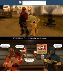 Size: 1450x1640 | Tagged: applejack, artist:geronkizan, ask applejack and red engineer, chinese knock-off, derpibooru import, engineer, final combat, gmod, red, rip-off, safe, soldier, team fortress 2, teleporter, the rocket, tumblr, tumblr comic