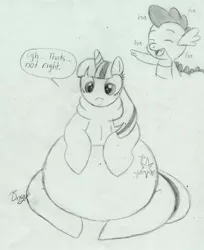 Size: 1047x1280 | Tagged: safe, artist:bnryk, artist:bunearyk, derpibooru import, spike, twilight sparkle, fat, laughing, morbidly obese, obese, sketch, twilard sparkle