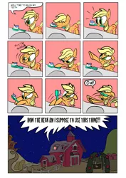 Size: 4961x7016 | Tagged: safe, artist:joeywaggoner, derpibooru import, applejack, earth pony, pony, absurd resolution, comic, female, horse problems, mare, mouth hold, no fingers, solo, toothbrush