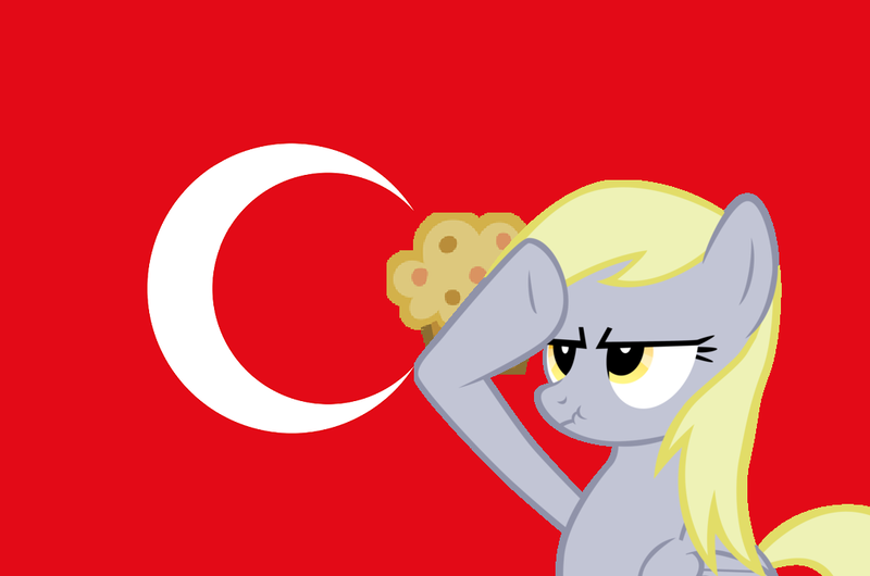 Size: 1015x672 | Tagged: safe, derpibooru import, derpy hooves, pegasus, pony, female, flag, mare, muffin, rainbow dash salutes, salute, turkey (country)