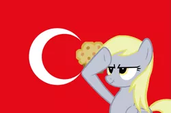Size: 1015x672 | Tagged: safe, derpibooru import, derpy hooves, pegasus, pony, female, flag, mare, muffin, rainbow dash salutes, salute, turkey (country)