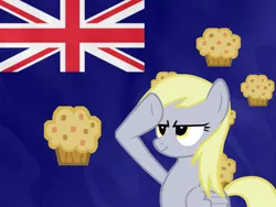 Size: 1024x768 | Tagged: safe, derpibooru import, derpy hooves, pegasus, pony, australia, female, flag, mare, muffin, rainbow dash salutes, salute, solo, union jack