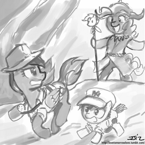 Size: 850x850 | Tagged: artist:johnjoseco, crossover, daring do, derpibooru import, grayscale, indiana jones, indiana jones and the temple of doom, indiana pones, mola ram, monochrome, pinkie pie, pipsqueak, safe, short round