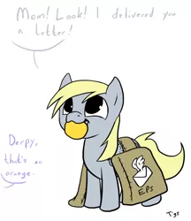 Size: 500x580 | Tagged: artist:tigs, cute, derpabetes, derpibooru import, derpy hooves, filly, mailpony, mouth hold, orange, safe, source needed, underp