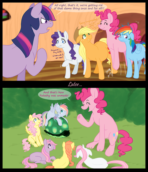 Size: 1400x1629 | Tagged: dead source, safe, artist:cartoonlion, artist:shyjack, derpibooru import, applejack, fluttershy, pinkie pie, rainbow dash, rarity, tank, twilight sparkle, oc, oc:futashy, oc:peach, oc:pearl, oc:rain flutter, bubblegum, comic, fluttershy gets all the mares, foal, futa, futa fluttershy, image, intersex, mane six, offspring, parent:applejack, parent:fluttershy, parent:pinkie pie, parent:rainbow dash, parent:rarity, parent:twilight sparkle, parents:appleshy, parents:flarity, parents:flutterdash, parents:flutterpie, parents:twishy, png, pregnant