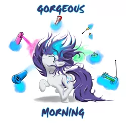 Size: 2503x2446 | Tagged: safe, artist:junkiekb, derpibooru import, rarity, pony, unicorn, brushie, comb, eyes closed, hair dryer, hairspray, high res, magic, makeover, makeup, messy mane, morning ponies, perfume, radio