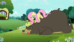 Size: 853x480 | Tagged: safe, derpibooru import, screencap, fluttershy, harry, bear, lesson zero, :p, animated, cute, duo, loop, massage, smiling, talking, tongue out, wavy mouth
