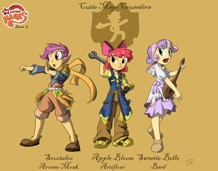 Size: 1374x1080 | Tagged: apple bloom, apron, arcane monk, artificer, artist:didj, bard, clothes, derpibooru import, fantasy class, humanized, lute, my little mages, robe, safe, scootaloo, simple background, source needed, sweetie belle, wrench