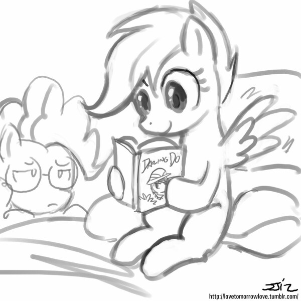 Size: 850x850 | Tagged: artist:johnjoseco, bed, book, daring do, derpibooru import, glasses, grayscale, monochrome, pinkie pie, pinkie pie solutions, reading, safe, scootaloo