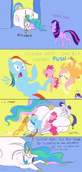 Size: 488x1024 | Tagged: applejack, artist:ross irving, blushing, chubbylestia, colored sketch, derpibooru import, fat, fluttershy, impossibly large butt, mane six, pinkie pie, plot, princess celestia, rainbow dash, rarity, safe, stuck, the ass is monstrously oversized for tight entrance, twilight sparkle