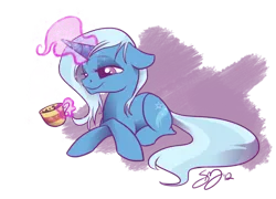 Size: 800x576 | Tagged: safe, artist:probablyfakeblonde, derpibooru import, trixie, pony, unicorn, coffee, female, mare, smiling, solo