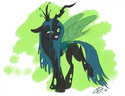 Size: 1280x985 | Tagged: safe, artist:probablyfakeblonde, derpibooru import, queen chrysalis, changeling, changeling queen, abstract background, fangs, female, floppy ears, grin, image, png, raised leg, signature, slit eyes, smiling, solo, standing