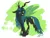 Size: 1280x985 | Tagged: safe, artist:probablyfakeblonde, derpibooru import, queen chrysalis, changeling, changeling queen, abstract background, fangs, female, floppy ears, grin, image, png, raised leg, signature, slit eyes, smiling, solo, standing