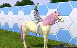Size: 1440x896 | Tagged: bunny ears, derpibooru import, fluttershy, green man, hoers, horse, human, humans riding ponies, missing wing, oc, oc:anon, pets, riding, safe, screencap, spacesuit, the sims, the sims 3, the sims 3 pets