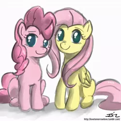 Size: 850x850 | Tagged: artist:johnjoseco, artist:speccysy, colored, cute, derpibooru import, female, flutterpie, fluttershy, lesbian, moe, pinkie pie, safe, shipping