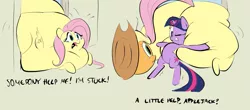 Size: 1457x643 | Tagged: applejack, artist:ross irving, colored sketch, derpibooru import, fat, fattershy, fluttershy, impossibly large butt, morbidly obese, plot, safe, stuck, twilight sparkle