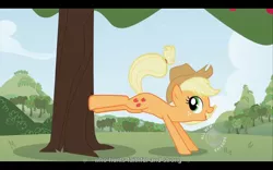 Size: 1680x1050 | Tagged: applebucking, applejack, derpibooru import, safe, screencap, solo, tree, youtube caption