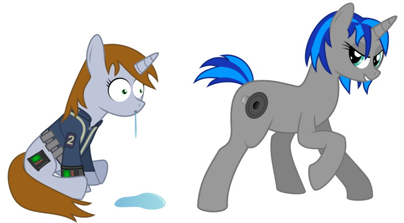 Size: 3250x1800 | Tagged: suggestive, artist:dr-phoen-x, derpibooru import, oc, oc:homage, oc:littlepip, unofficial characters only, pony, unicorn, fallout equestria, fanfic, clothes, cutie mark, drool, eyes on the prize, fanfic art, female, grin, hooves, horn, lesbian, looking at something, looking back, mare, oc x oc, pipbuck, raised hoof, shipping, sitting, smiling, standing, teeth, vault suit