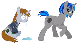 Size: 3250x1800 | Tagged: suggestive, artist:dr-phoen-x, derpibooru import, oc, oc:homage, oc:littlepip, unofficial characters only, pony, unicorn, fallout equestria, fanfic, clothes, cutie mark, drool, eyes on the prize, fanfic art, female, grin, hooves, horn, lesbian, looking at something, looking back, mare, oc x oc, pipbuck, raised hoof, shipping, sitting, smiling, standing, teeth, vault suit