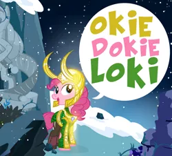 Size: 900x812 | Tagged: artist:pixelkitties, avengers, derpibooru import, loki, okie doki loki, pinkie pie, pun, safe, solo, thor