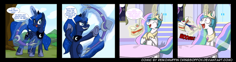 Size: 3142x825 | Tagged: 4koma, arrow, artist:reikomuffin, bow and arrow, bow (weapon), cake, cakelestia, comic, cute, cutelestia, derpibooru import, funny, funny as hell, princess celestia, princess luna, safe, trolluna