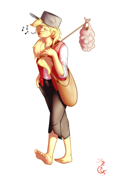 Size: 500x750 | Tagged: applejack, artist:explosivegent, barefoot, barefooting, derpibooru import, eyes closed, feet, hat, humanized, johnny appleseed, music notes, pot, safe, simple background, smiling, solo, transparent background, walking