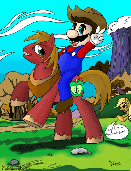 Size: 900x1175 | Tagged: safe, artist:primogenitor34, derpibooru import, applejack, big macintosh, earth pony, human, pony, crossover, hat, humans riding ponies, male, mario, riding, stallion, super mario bros., trio