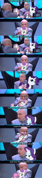 Size: 637x2680 | Tagged: austin powers, brush, comic, derpibooru import, dr. evil, mini-me, parody, rarity, safe, sweetie belle